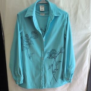 Allison Daley Turquoise Floral Button Down Shirt with Matching Sweater